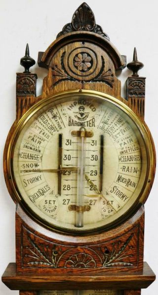 Antique Admiral Fitzroy Carved Oak Wall Barometer Thermometer Weather Station 6