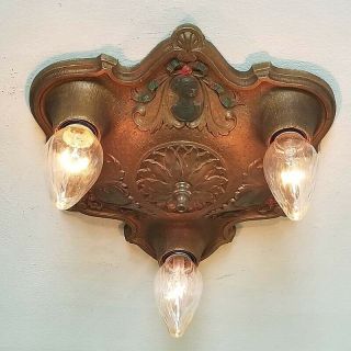 688b Vintage Antique Art Nouveau Ceiling Fixture Polychrome Cameo 3 Light