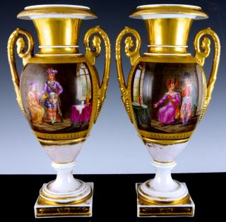 Stunning Pair Victorian Russian Paris Porcelain Scottish Military Scenic Vases