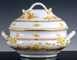 Huge Herend Hungary Yellow Indian Basket Soup Tureen Bowl W Applied Roses
