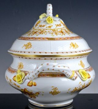 HUGE HEREND HUNGARY YELLOW INDIAN BASKET SOUP TUREEN BOWL w APPLIED ROSES 2