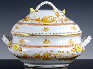 HUGE HEREND HUNGARY YELLOW INDIAN BASKET SOUP TUREEN BOWL w APPLIED ROSES 3