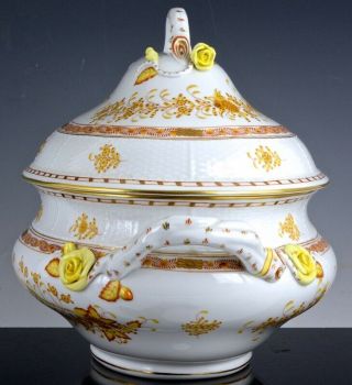 HUGE HEREND HUNGARY YELLOW INDIAN BASKET SOUP TUREEN BOWL w APPLIED ROSES 4