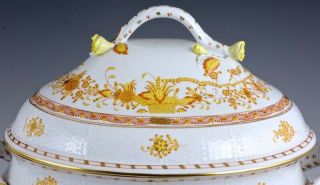 HUGE HEREND HUNGARY YELLOW INDIAN BASKET SOUP TUREEN BOWL w APPLIED ROSES 5