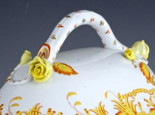 HUGE HEREND HUNGARY YELLOW INDIAN BASKET SOUP TUREEN BOWL w APPLIED ROSES 6
