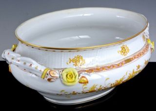 HUGE HEREND HUNGARY YELLOW INDIAN BASKET SOUP TUREEN BOWL w APPLIED ROSES 7