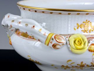 HUGE HEREND HUNGARY YELLOW INDIAN BASKET SOUP TUREEN BOWL w APPLIED ROSES 8