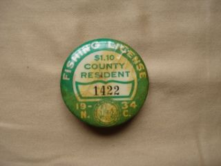 1934 North Carolina County Resident Fishing License Badge Pinback