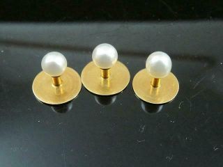 Set Of 3 Antique Tiffany & Co 18k Gold 4mm Pearl Tuxedo Shirt Button Studs