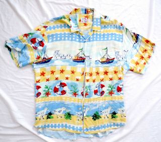 Vtg Jams World Rayon Hawaiian Shirt Xl Sailboat Seagulls Anchor Nautical Pattern