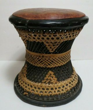 Scarce Vintage Retro Hand Tooled Leather Top Rattan Wicker Stool Made In India