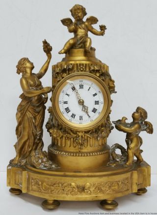 Fine Heavy Antique French Gilt Bronze 11in Figural Cherub Mantle Clock