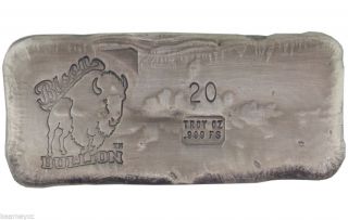 20 Troy Ounce.  999 Fine Silver Hand Poured Bison Bullion Standard Bar Nebraska