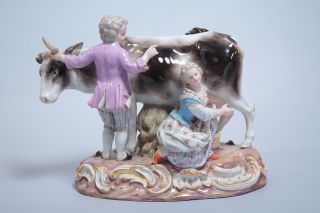 19th C.  Fine Meissen Porcelain Figural Group Cow And Children