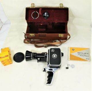 Vintage Bolex Zoom Reflex P1 8mm Camera W/ 3 Rolls Of Film Case Instruction Book