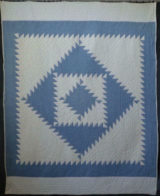 Stunning Antique Blue & White Sawtooth Diamond In A Square Quilt 88x71 "