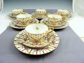 6 Carl Thieme Dresden Gold Gilded Hand Painted Plates,  Cups And Saucers