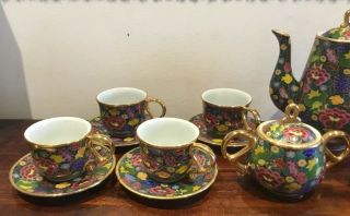 Vintage Colourful Floral Tea Set & Gold Tone Paint 4