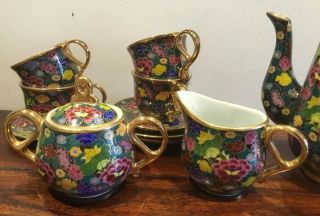 Vintage Colourful Floral Tea Set & Gold Tone Paint 5
