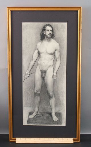 Vintage Signed 1970s Charcoal Drawing,  Nude Man Male Figure Study,