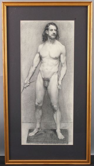 Vintage Signed 1970s Charcoal Drawing,  Nude Man Male Figure Study, 2