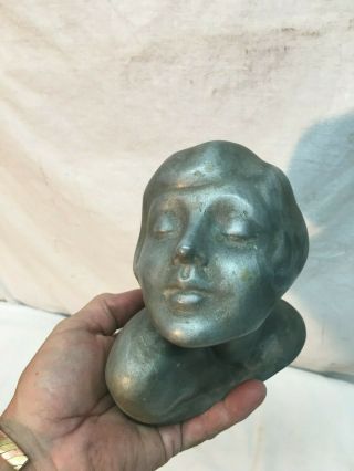 Vintage Aluminum Sculpture Art Deco / Nouveau Woman Bust Face 1920s 2