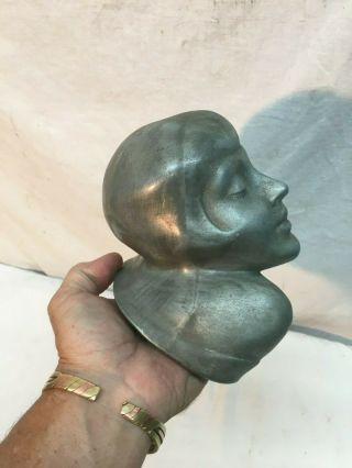 Vintage Aluminum Sculpture Art Deco / Nouveau Woman Bust Face 1920s 3