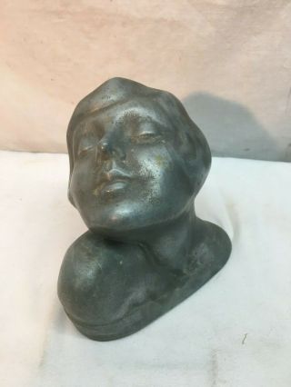 Vintage Aluminum Sculpture Art Deco / Nouveau Woman Bust Face 1920s 5