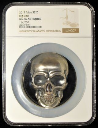 Palau: 2017 Big Skull High Relief 1/2 Kilo Silver Antiqued $25 Ngc Ms66.