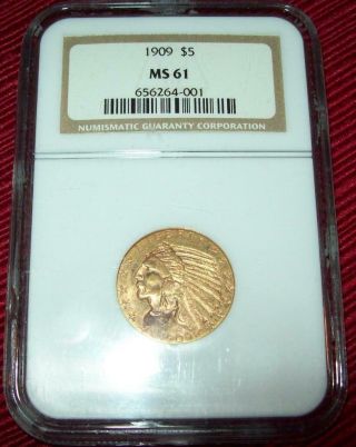 1909 $5 Five Dollar Gold Indian Head Half Eagle Ngc Ms61.  900 Gold Coin Rare