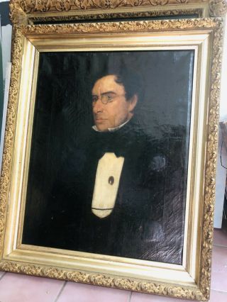 19thc Antique American Portrait Oil Painting,  Doctor Gentleman & Gilt Frame