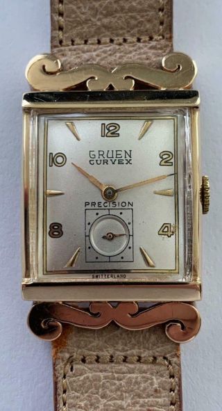 14k Gold Gruen Curvex With Fancy Lugs Vintage Mens Wristwatch