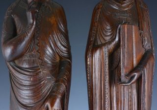 VLARGE PAIR 18/19thC CARVED WALNUT MAN WOMAN SAINTS CARVINGS FROM CHURCH QUEBEC 12