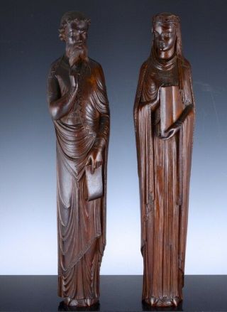Vlarge Pair 18/19thc Carved Walnut Man Woman Saints Carvings From Church Quebec