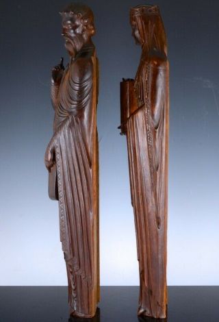 VLARGE PAIR 18/19thC CARVED WALNUT MAN WOMAN SAINTS CARVINGS FROM CHURCH QUEBEC 4
