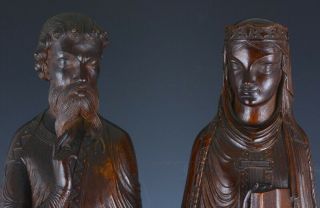VLARGE PAIR 18/19thC CARVED WALNUT MAN WOMAN SAINTS CARVINGS FROM CHURCH QUEBEC 5