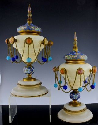 Pair Antique French Champleve Cloisonne Enamel Jeweled Clock Garniture Vase Urns