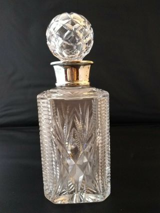 Vintage Belgium Lead Crystal Heavy Decanter Cut Glass Silver Collar Neck Stopper