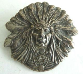 Antique Unger Brothers Art Nouveau Sterling Silver Indian Chief Large Pin