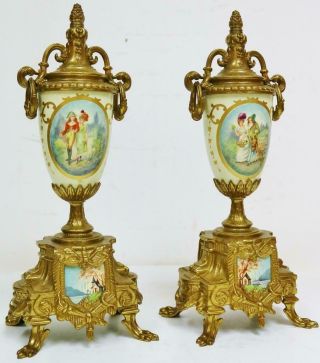 Vintage Franz Hermle Mantel Clock Set 8 Day Striking Bronze & Cream Porcelain 11