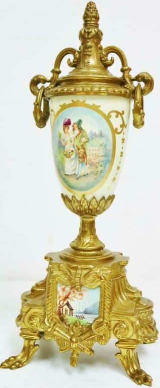 Vintage Franz Hermle Mantel Clock Set 8 Day Striking Bronze & Cream Porcelain 12