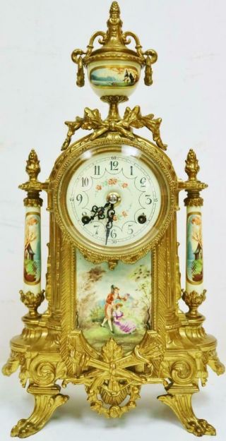 Vintage Franz Hermle Mantel Clock Set 8 Day Striking Bronze & Cream Porcelain 2
