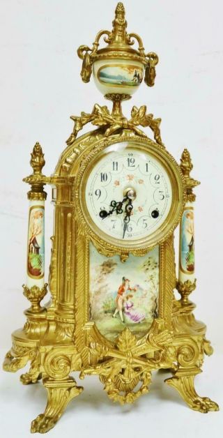 Vintage Franz Hermle Mantel Clock Set 8 Day Striking Bronze & Cream Porcelain 3
