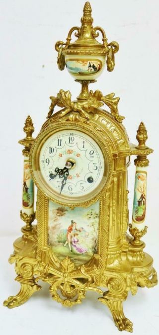 Vintage Franz Hermle Mantel Clock Set 8 Day Striking Bronze & Cream Porcelain 4