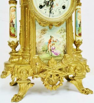 Vintage Franz Hermle Mantel Clock Set 8 Day Striking Bronze & Cream Porcelain 5