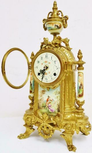 Vintage Franz Hermle Mantel Clock Set 8 Day Striking Bronze & Cream Porcelain 6