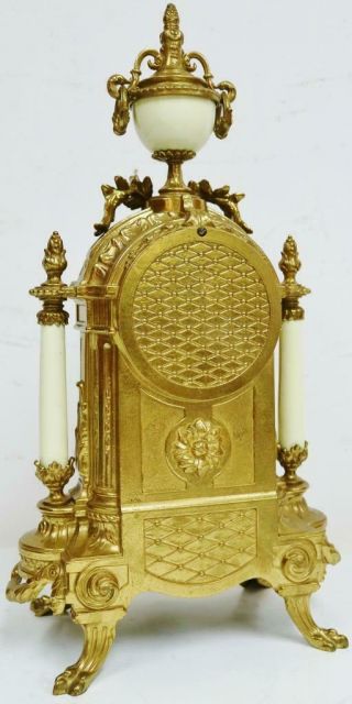 Vintage Franz Hermle Mantel Clock Set 8 Day Striking Bronze & Cream Porcelain 8