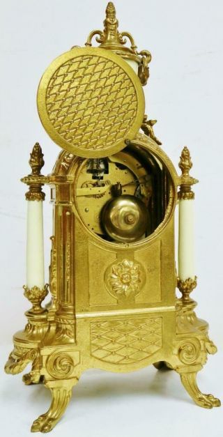 Vintage Franz Hermle Mantel Clock Set 8 Day Striking Bronze & Cream Porcelain 9