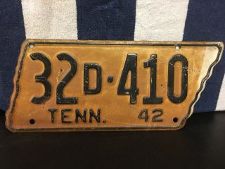 Vintage 1942 Tennessee License Plate State Shaped