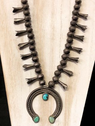 OLD PAWN VTG NAVAJO TURQUOISE STERLING SILVER SQUASH BLOSSOM BENCH BEAD NECKLACE 2